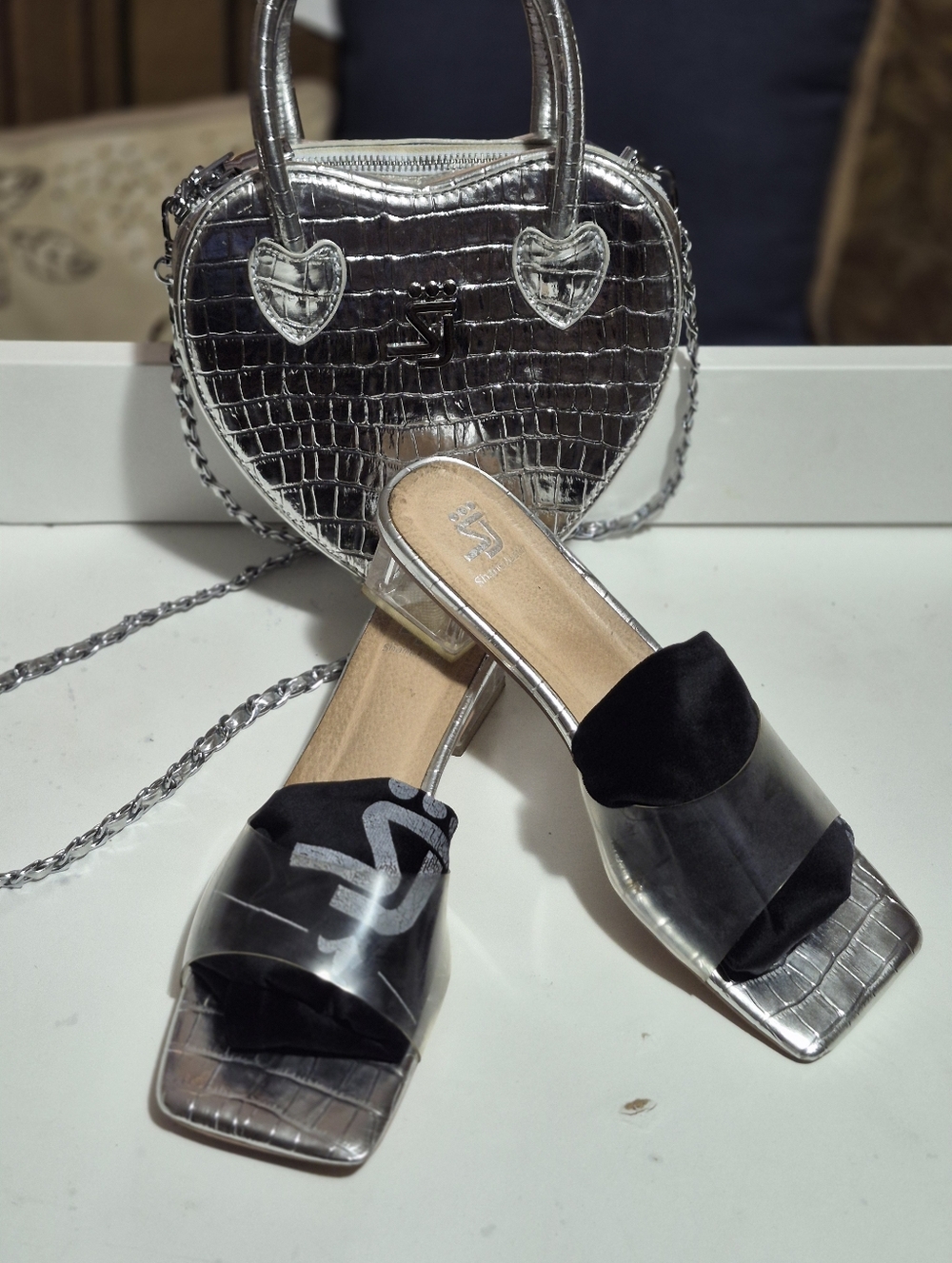 Shane Justin Women’s Slide Sandals with Clear Strap and Matching Heart Bag